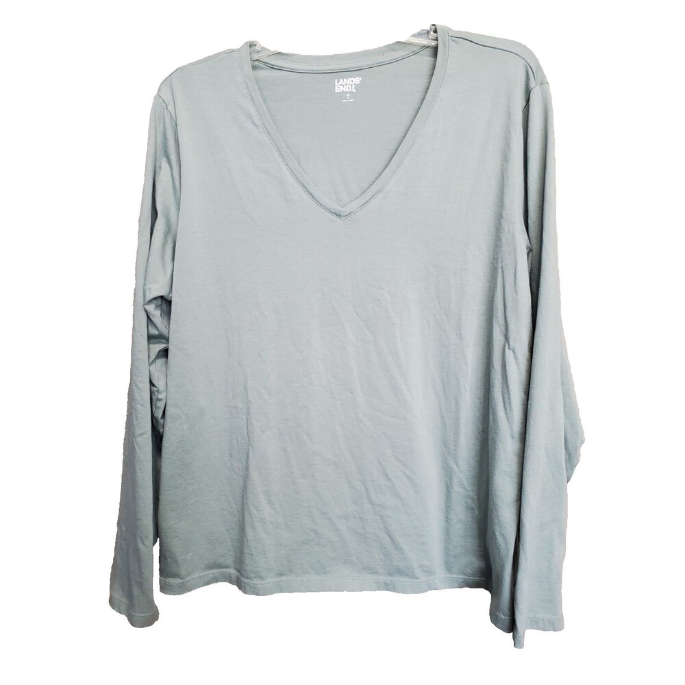 Lands' End Women's 100% Cotton Green V-Neck Long Sleeve T-Shirt Size XL (18)